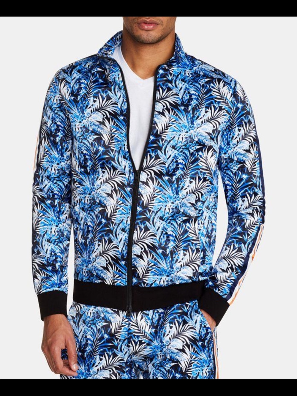 TALLIA Blue Tropical Print Track Jacket with Side Stripes
